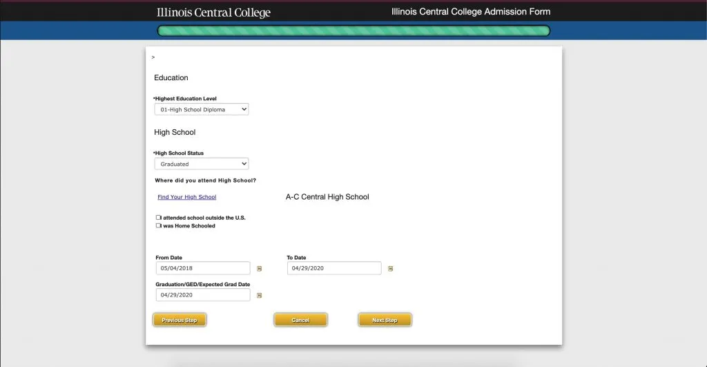 Illinois Central College Admission Form