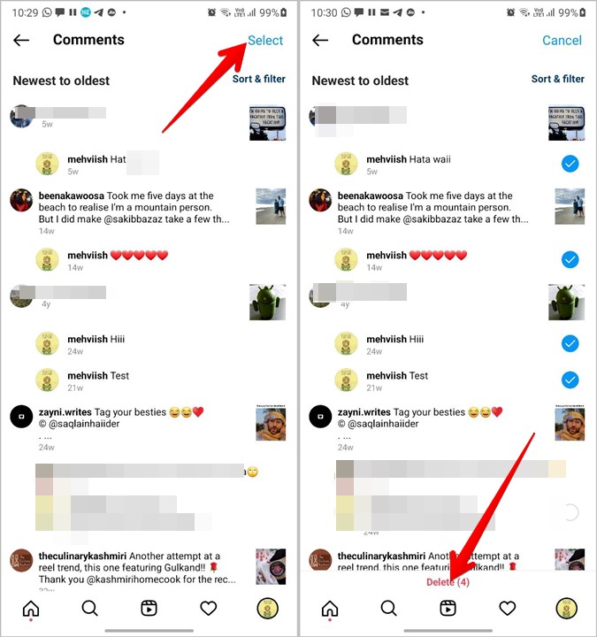 Select and Delete Instagram Comments