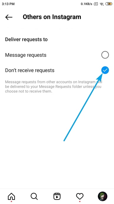 Click on Second Option to Disable Direct Messages (DMs) on Instagram