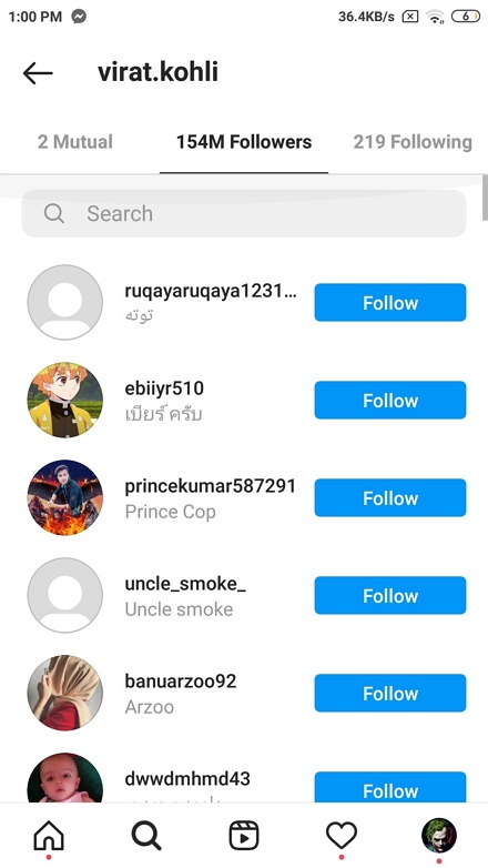 Virat Kohli followers list on Instagram