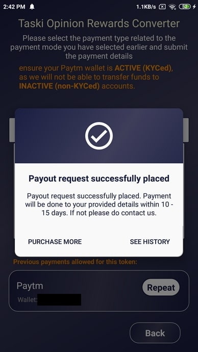 Payout request successfully placed